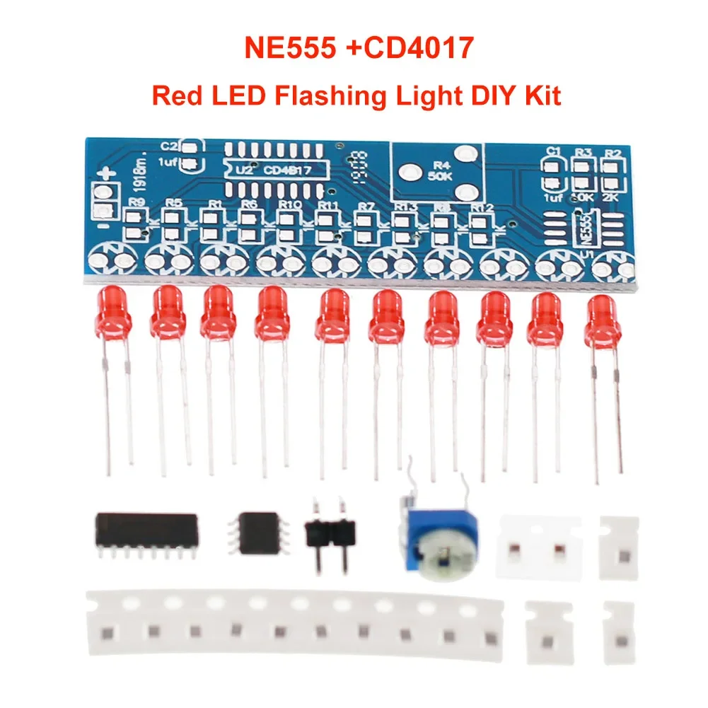 1-10pcs NE555 +CD4017 Red LED Flashing Light DIY Kit SMD Soldering Practice Suite LED Water Flowing Effect DC 2.5-14.5V 1.6mm