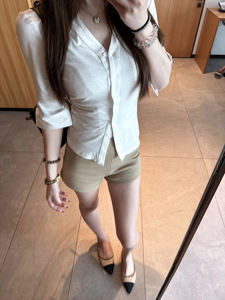 

NAOAO Bone China Texture Slimming White Sleeveless Cardigan Women's Fashion Shirt mid Sleeve Show Figure Regular Sleeve