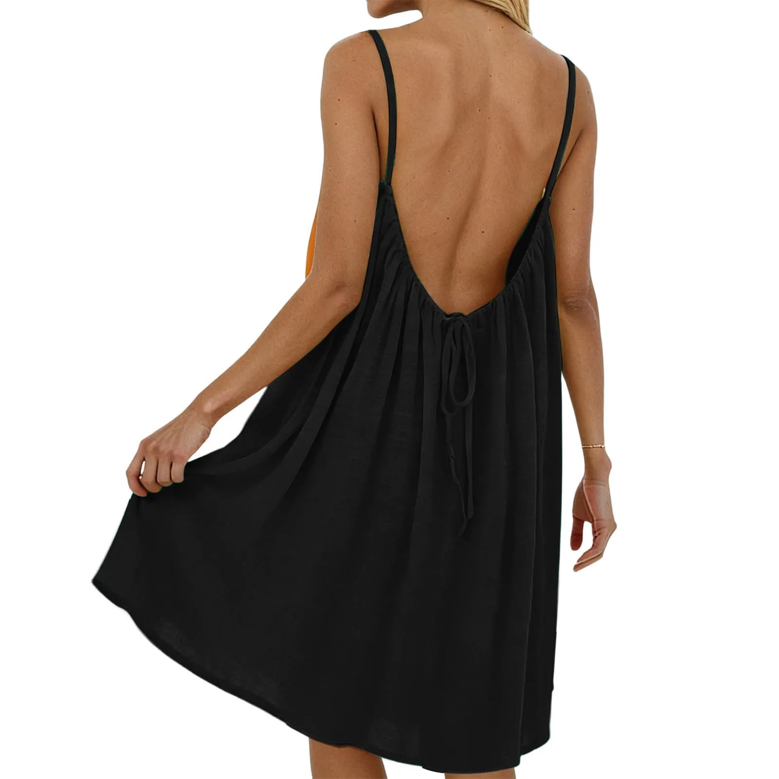 2026 New Backless Dress Women’s Wear Summer Spaghetti Strap Pleated Loose Solid Color Slip Lace-up Beach Vacation Mini Dresses