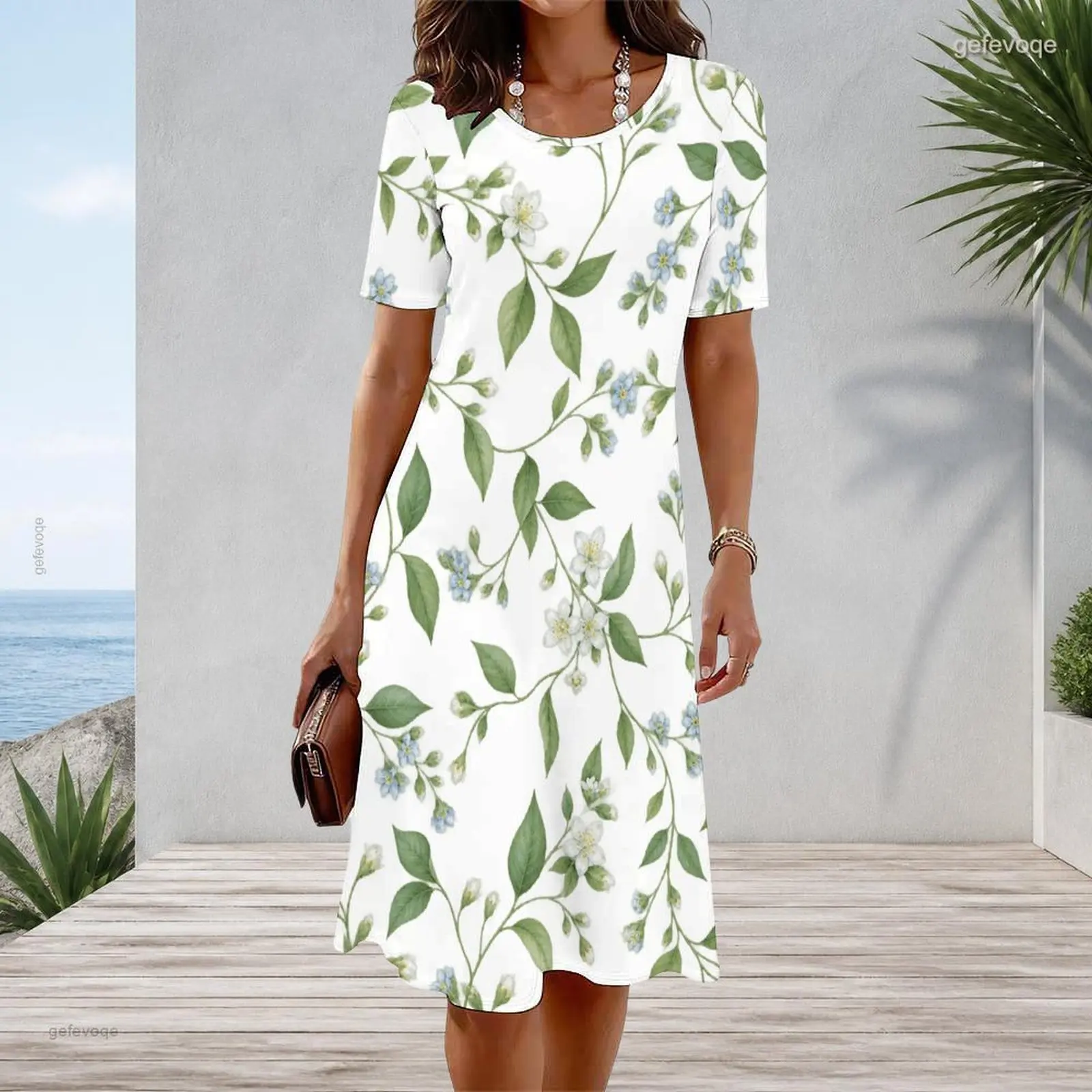 Women Round Neck Short Sleeve Printed Green Leaf Blue White Floral Vine A-Line Midi Dress