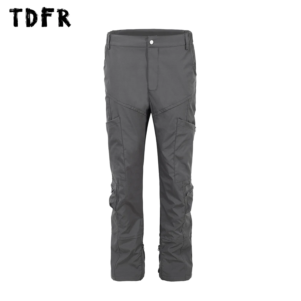 Solid Color Multi-Pocket Cargo Pants Mens Hem Zipper Safari Style Spliced Straight Flare Pants Men Trousers