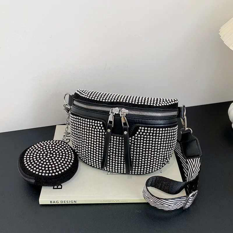 

Women's rhinestone Fanny pack new fashion one shoulder oblique span ins simple all-matching saddle bag