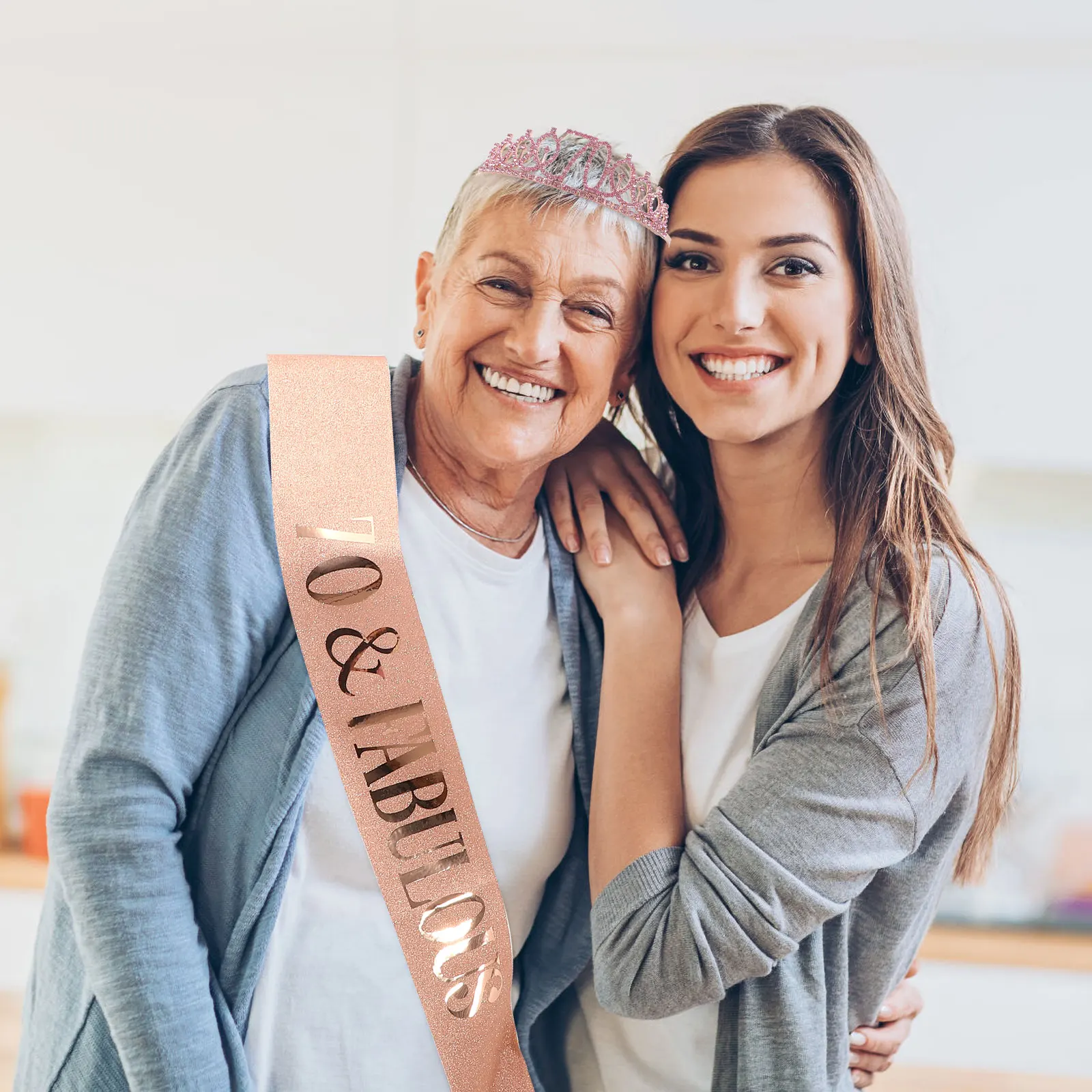 

1Set Shiny Birthday Crown Set for Her 70Th Celebration Glitter Tiara Sash Party Decoration Photography Props Women