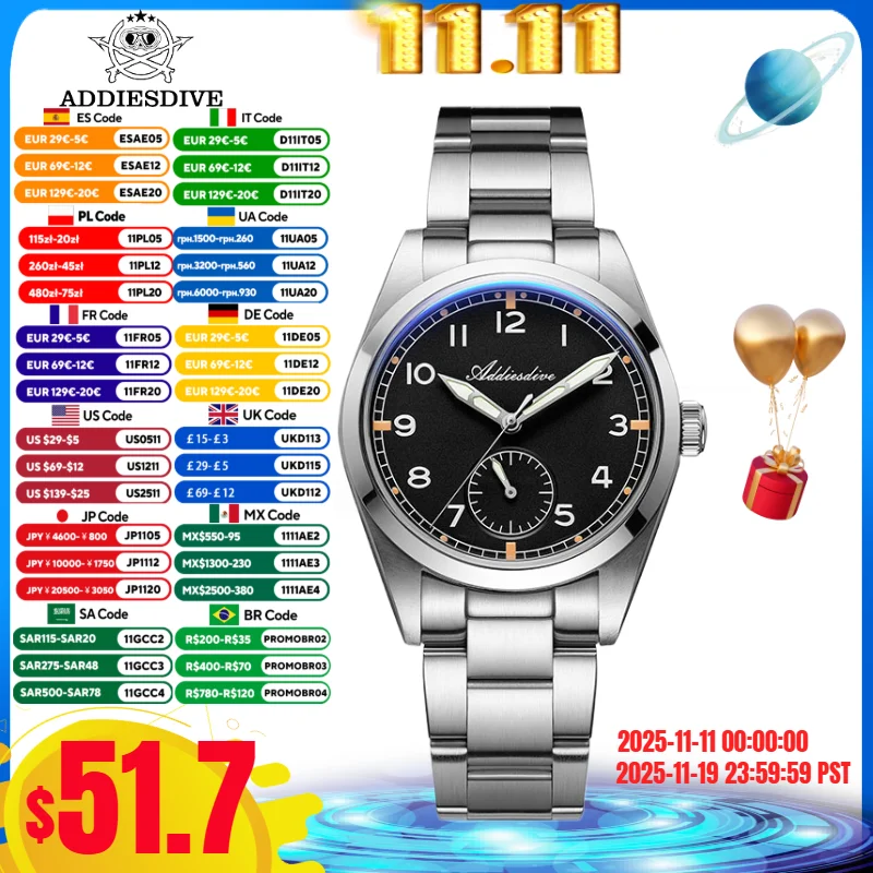 

ADDIESDIVE 36mm Men's Watch AD2099 BGW9 Super Luminous 10Bar Waterproof Bubble Mirror Glass VH60 Quartz Watch Reloj Hombre