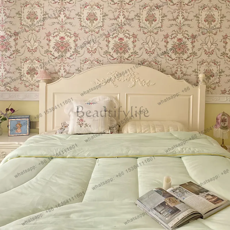

French cream white carved bed modern simple American country single bed
