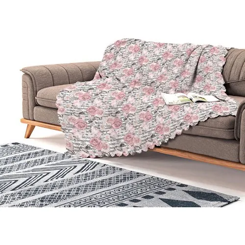 Realhomes Gray Line Pattern Kavaniçe Flower Motif Chenille Sofa Throw