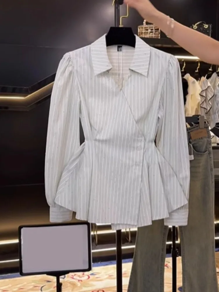 

Fashion Striped Shirts Women Korean Style Lace Up Slim Waist Blouse Casual Lapel Neck Tops Mujer Office Lady Shirts & Blouses