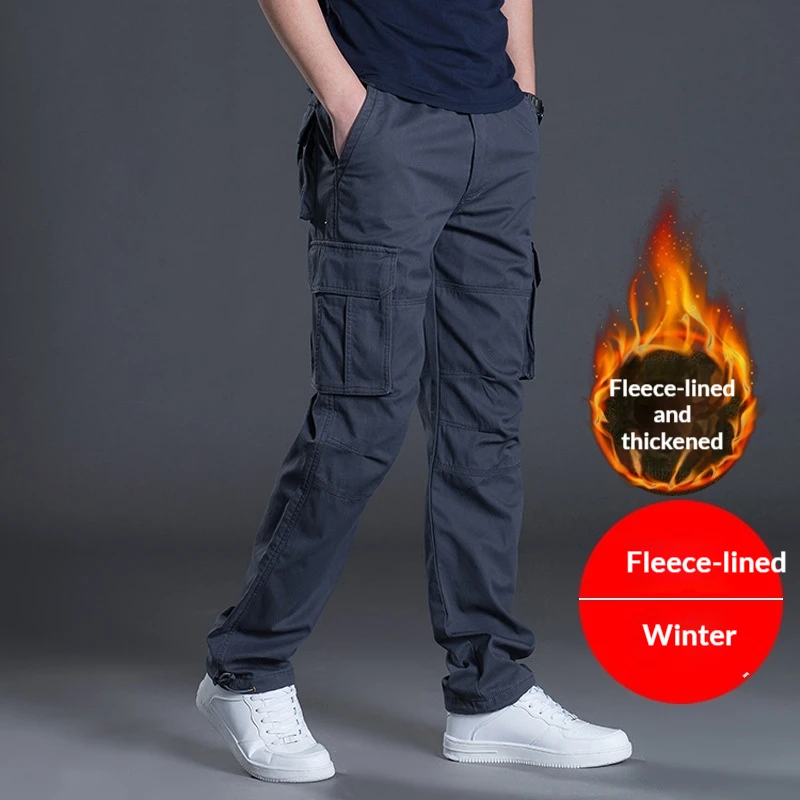 Men-Loose-Straight-Cargo-Pants-Multi-Button-Flap-Pockets-Drawstring-Cuff-Work-Trousers-Outdoor-Work-Daily-Spring-Autumn-Winter