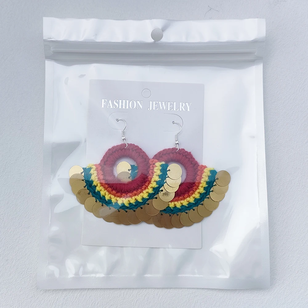 2024 Original Woman\'s Crochet Rainbow Sector Earrings With Sequins New Fashion Boho Dangle Drop Earrings