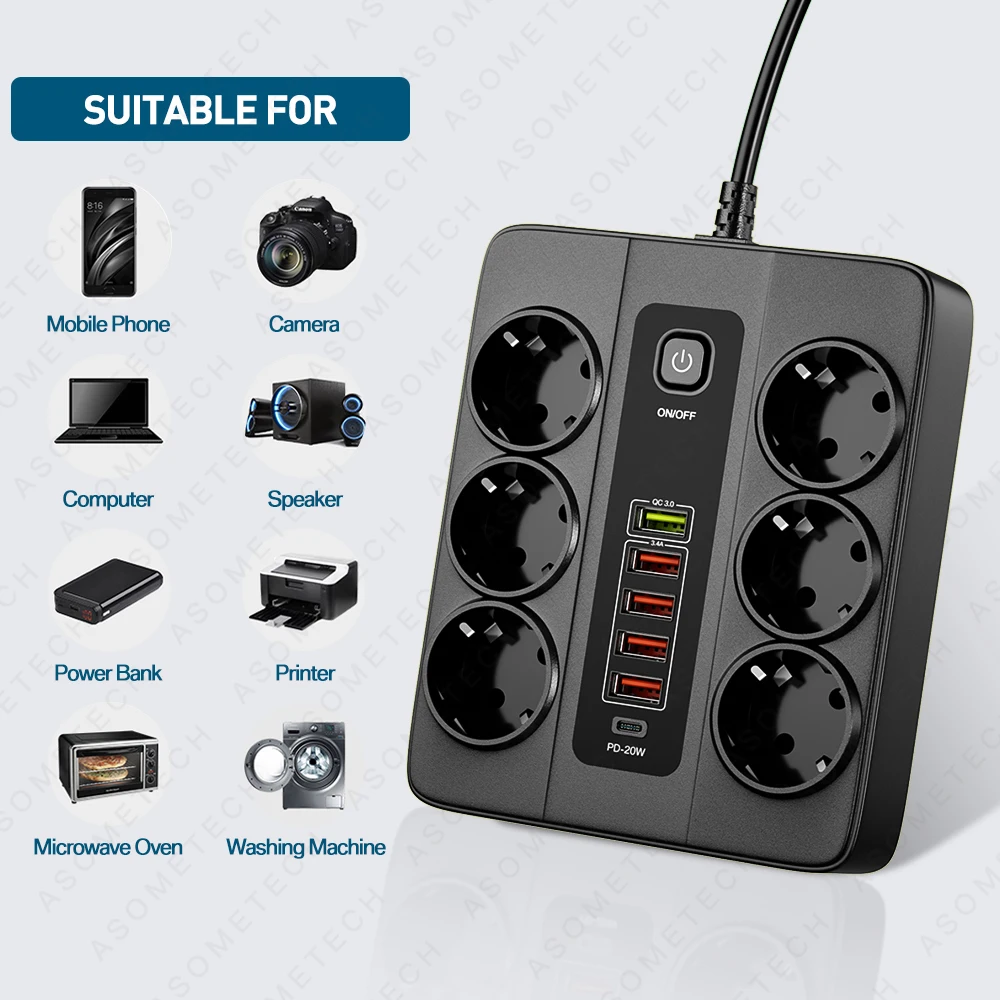 3000W 6 AC Outlets Power Strip 6 USB Charging Station Extension Cord 2M PD 20W QC3.0 USB Port Multi Outlet Charger Power Socket