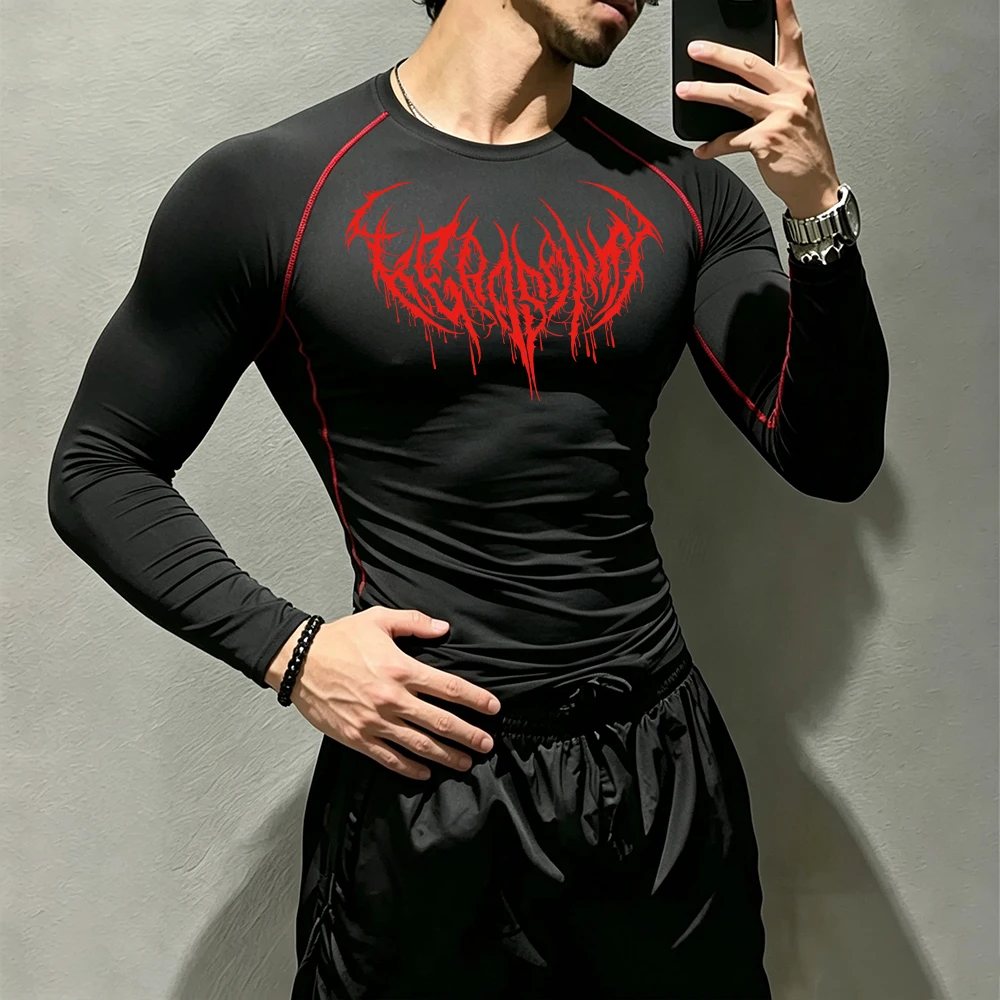 Herren Langarm-Kompressions-Oberteil mit gotischem Dornen-Print, schnelltrocknend, elastisch, atmungsaktiv, T-Shirt für tägliches Workout, Laufen und Aktivsport. – Detail 5