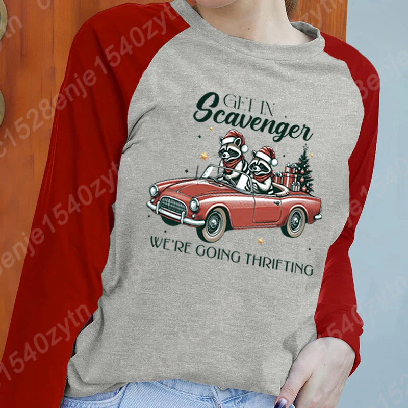 Ladies Fashion Long Sleeve Shirts Crew Neck Tops Racoon Get In Scavenger We're Going Thrifting Print Pullovers Women Sweatshirts