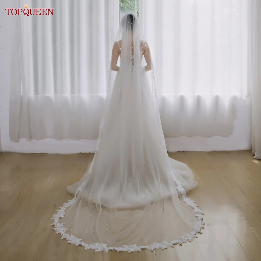 TOPQUEEN V82 Wedding Veil Beading Pearl Veils Cathedral Length Lace Edge 1 Tier Bridal Veil High Quality White Ivory Long Veil