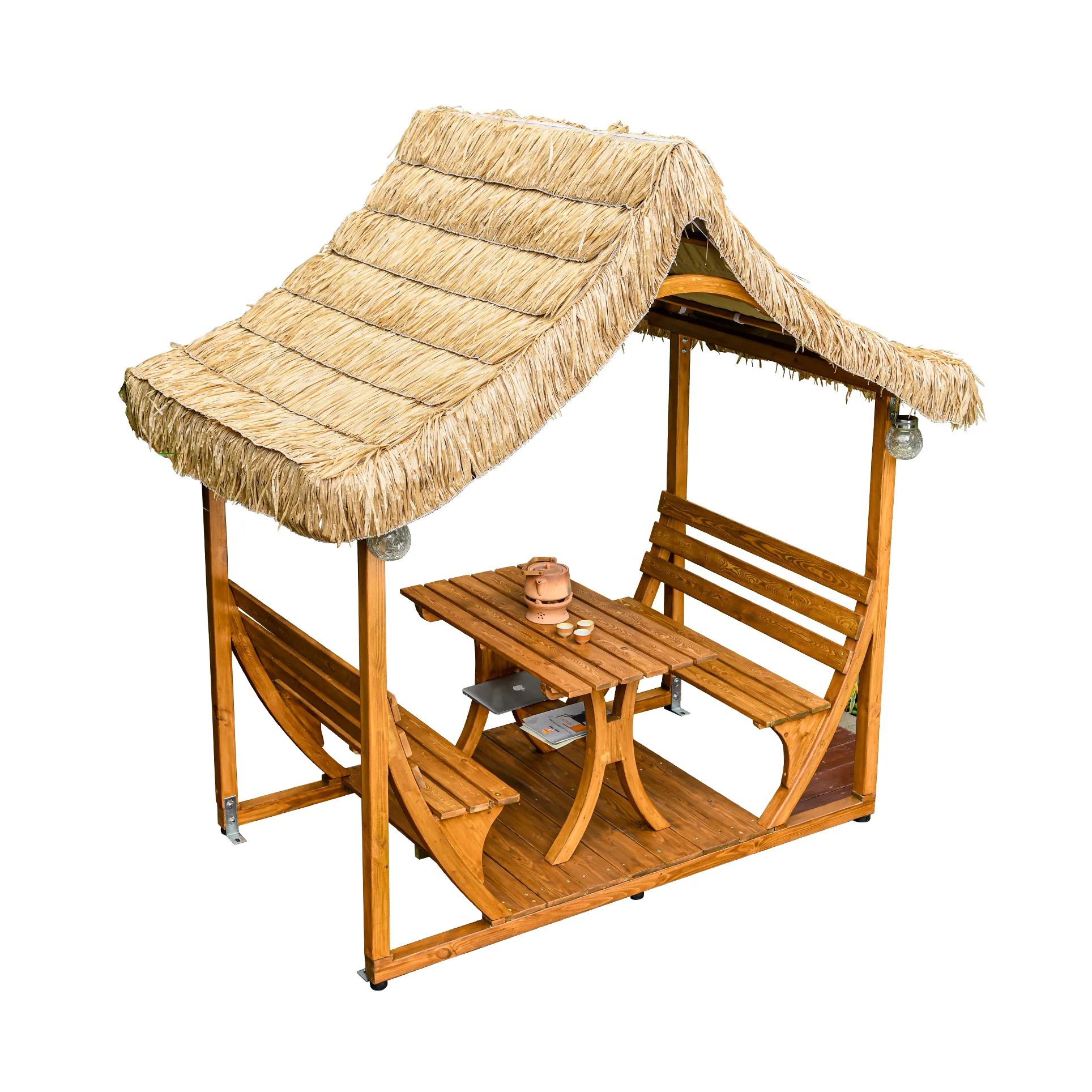 Exquisite Artificial Thatched Roof for 4 People Carbonized Wood Frame Gazebo Stable Design Furniture for Outdoor Garden Leisure