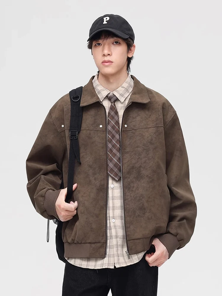 

Повседневная свободная мужская кожаная куртка AWRB с откидным воротником в американском стиле ретро, модная брендовая весна-осень, новинка, универсальная модная ...