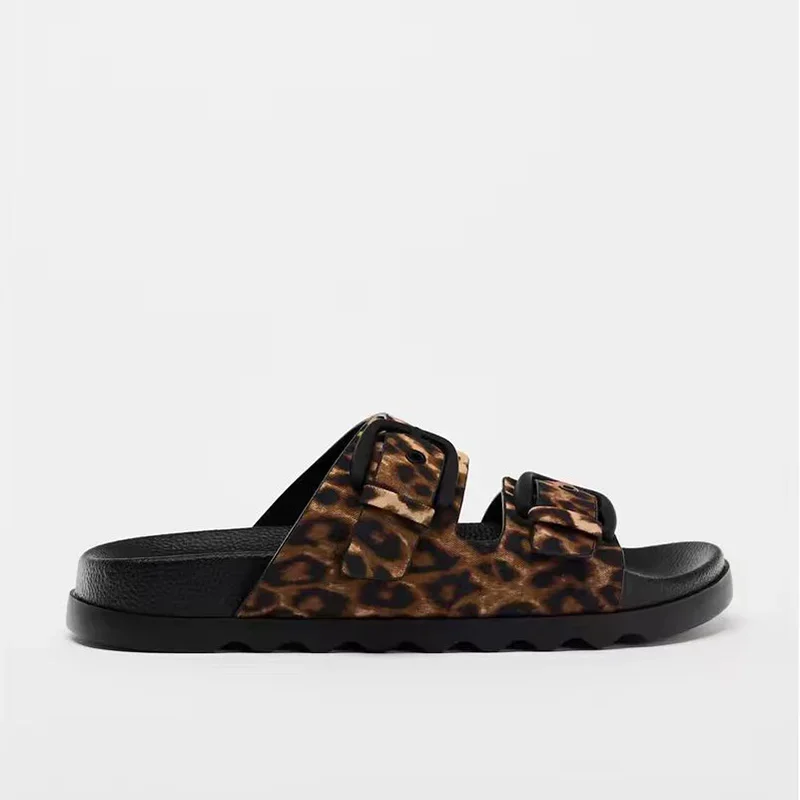 Zapatillas de plataforma para mujer, zapatos Retro con estampado de leopardo, doble hebilla, suela gruesa, toboganes de playa, talla grande, moda