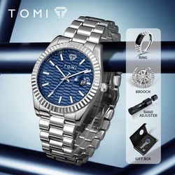 TOMI New Men's Watch Brooch Ring Gift Box Set Luxury Business Stainless Steel Strap Men's Calendar Casual Quartz Watch Reloj