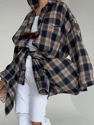 Mueyaruho Women 2024 Autumn Winter Oversized Plaid Shirt Thick Vintage Long Sleeve Loose Fit Blouse For Woman