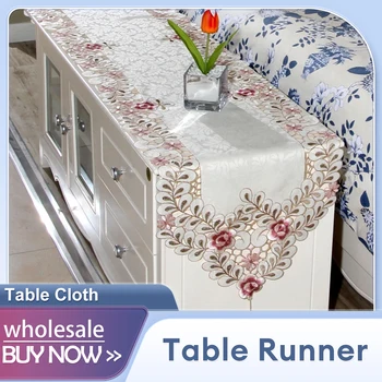 빈티지 수 놓은 꽃 레이스 패브릭 테이블 러너 반투명 거즈 테이블 천으로 중공 웨딩 레스토랑 테이블 장식