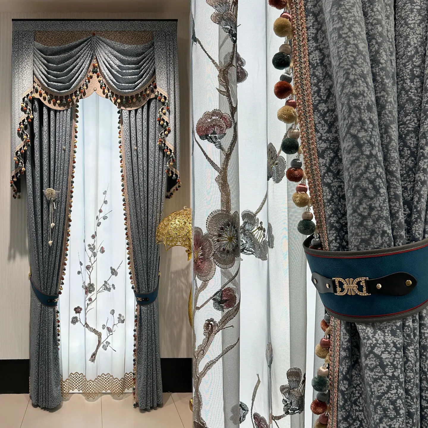 

Custom European Retro Rural French thick Velvet embroidery cloth livingroom blue blackout curtain tulle valance drape M1743