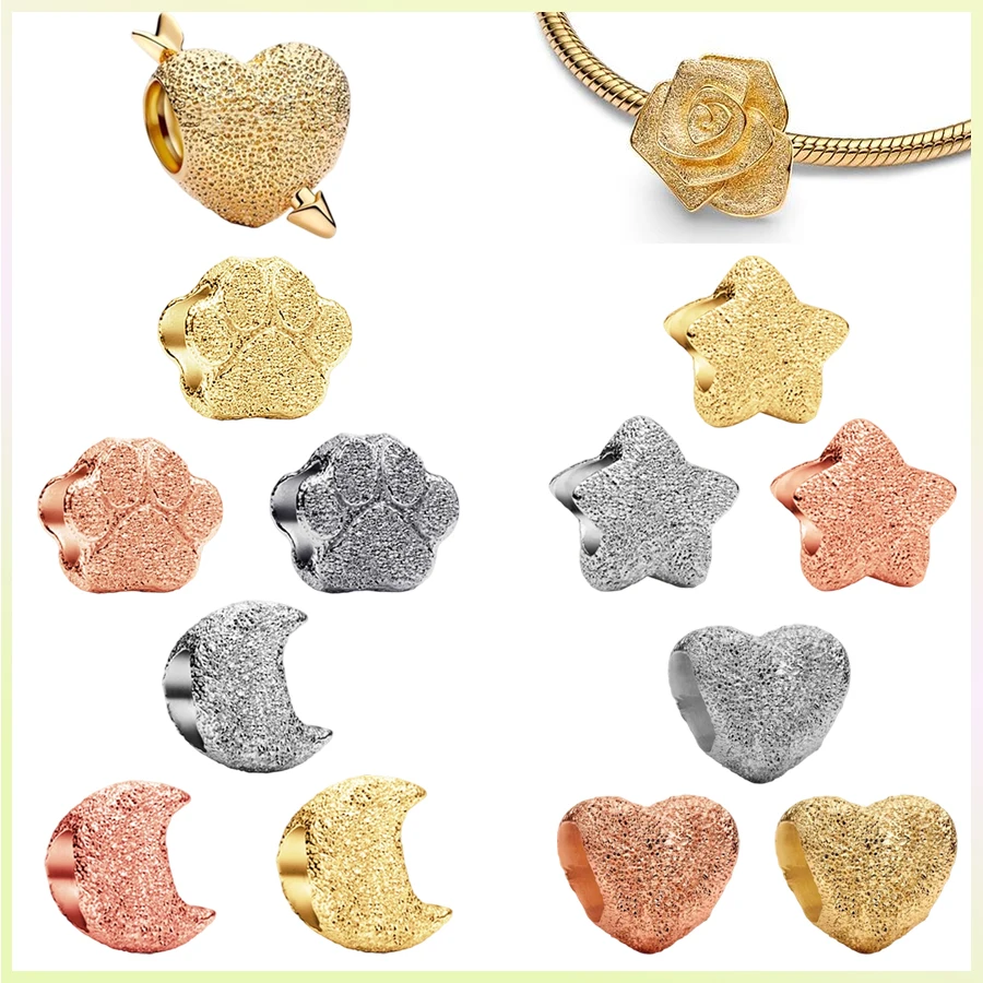 Serie de textura Rosa en flor, corazón de Cupido de gran tamaño, oro rosa dorado, estrella, Luna, cuentas aptas para Pulsera Original, regalo de joyería DIY