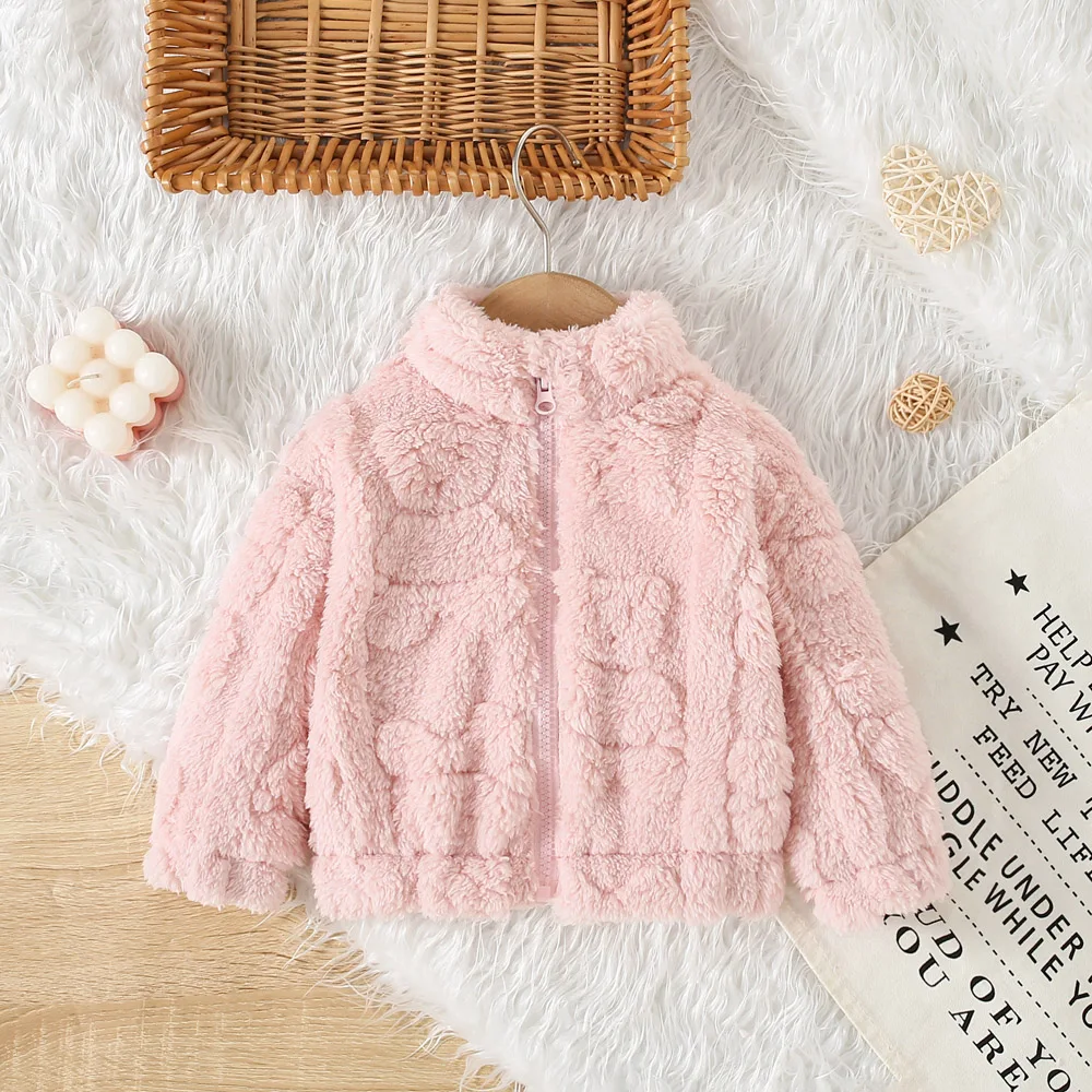 New Winter Girl\'s Coat Hairy Thick Fleece Jacket Jacket Solid Color Printed Round Neck Zipper Cardigan