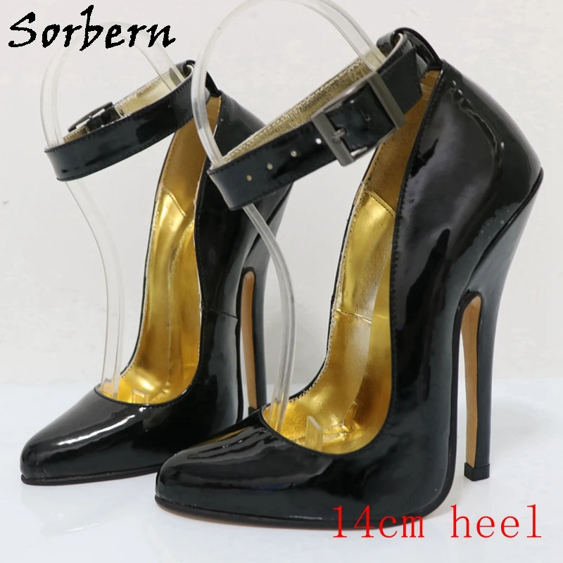 Sorbern รองเท้าส้นสูงสีดำเซ็กซี่สำหรับผู้หญิงรองเท้าส้นเข็มมีสายรัดข้อเท้าหัวแหลมส้นสูงสีทอง