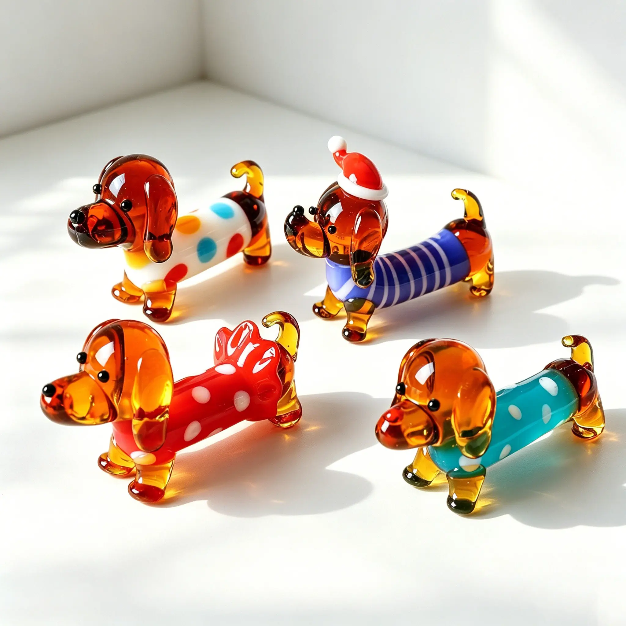 Hand‑Blown Glass Dachshund Dog Figurine, Colorful Mini Glass Puppy Statue, Cute Animal Ornament for Home Desk Decor Holiday Gift