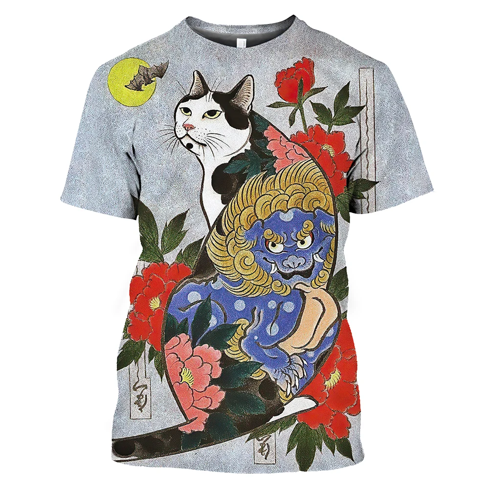 Japan Samurai Cat Graphic T Shirts Cool Classic Art Style Men\'s and Women\'s Printing Tees Fashion O-neck Short Sleeve Loose Tops