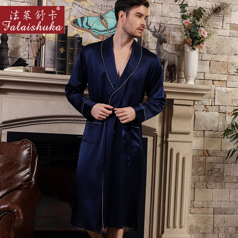 19 momme Noble 100% real silk robes men simple Long sleeve Sleepwear male home robes casual fashion elegance men Bathrobe