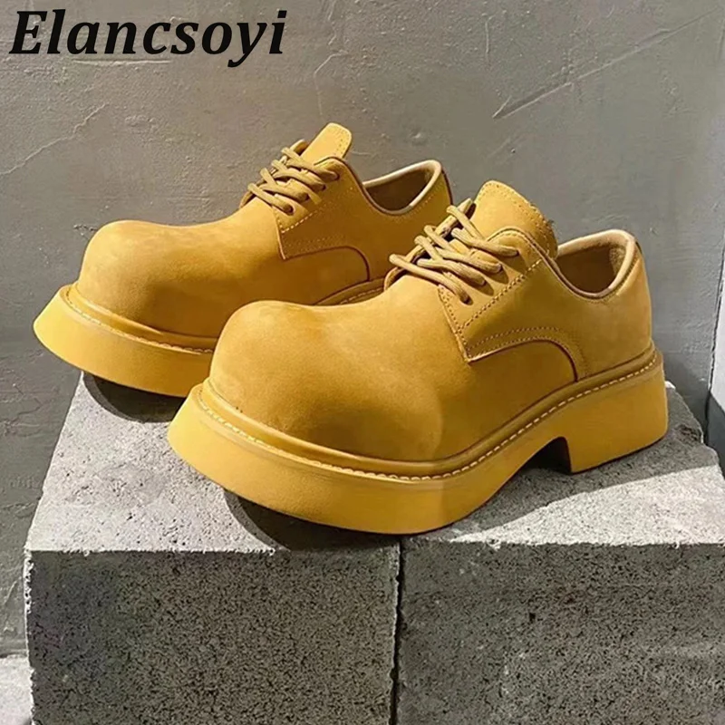 

Cow Suede Thick Soled High Toe Lace Up Small Leather Shoes Round Toe Retro Single Shoes Spring Autumn Office Commuting Unisex