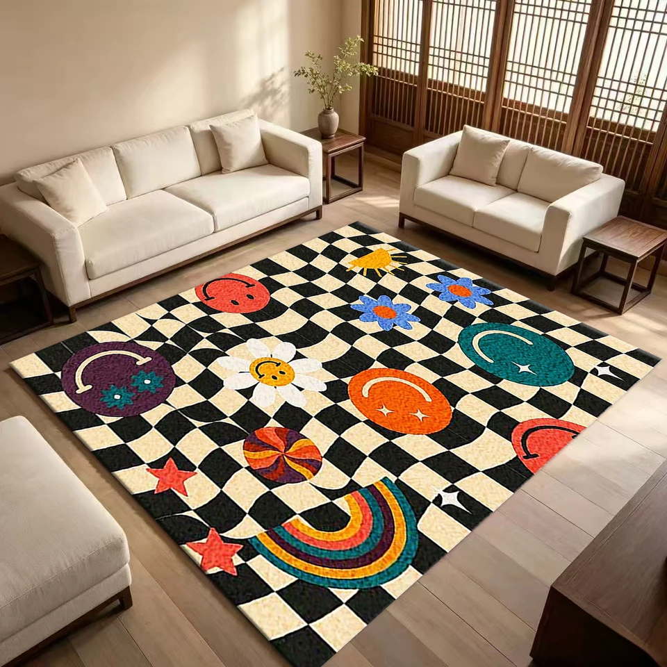 Cute Rainbow Checkerboard Smile Face Area Rug