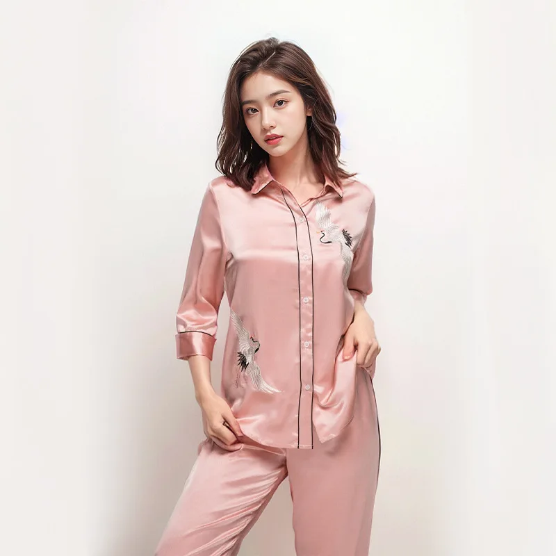 High Quality High-End Embroidered Pajamas Women's Spring Autumn 100%  Real Silk Home Wear Suit Can Be Worn outside Half Sleeve