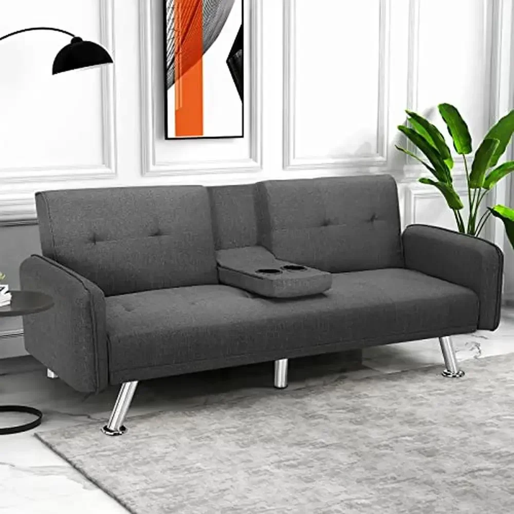 Convertible Futon Sofa Bed Couch Armrest 2 Cup Holders Loveseat Dark Grey Studio Living Room Office Display Seat Sofa Bed