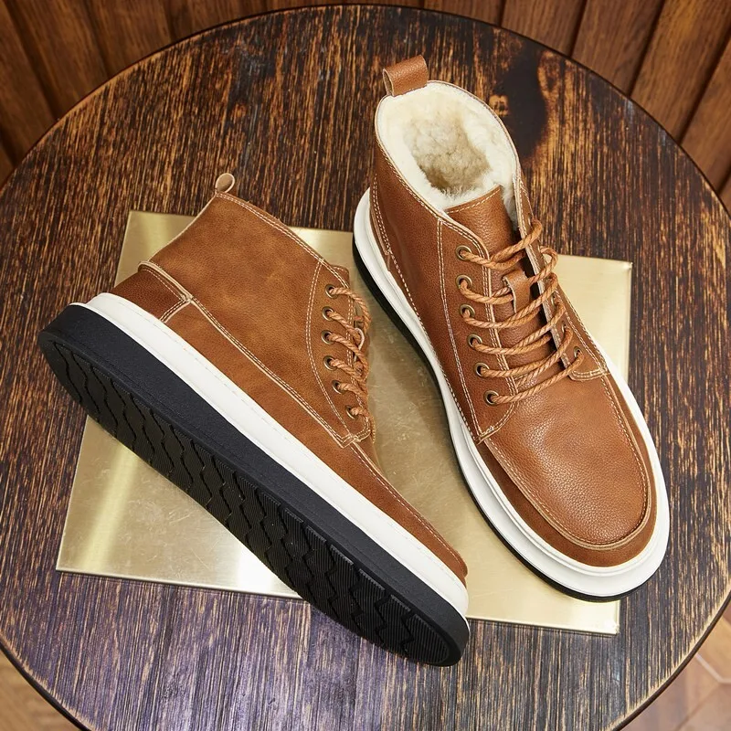 New Winter Plush Warm Leathers High Top Cotton Shoes Snow Boots Men Winter Thick Velvet Waterproof Anti Slip Cotton Formal Shoes
