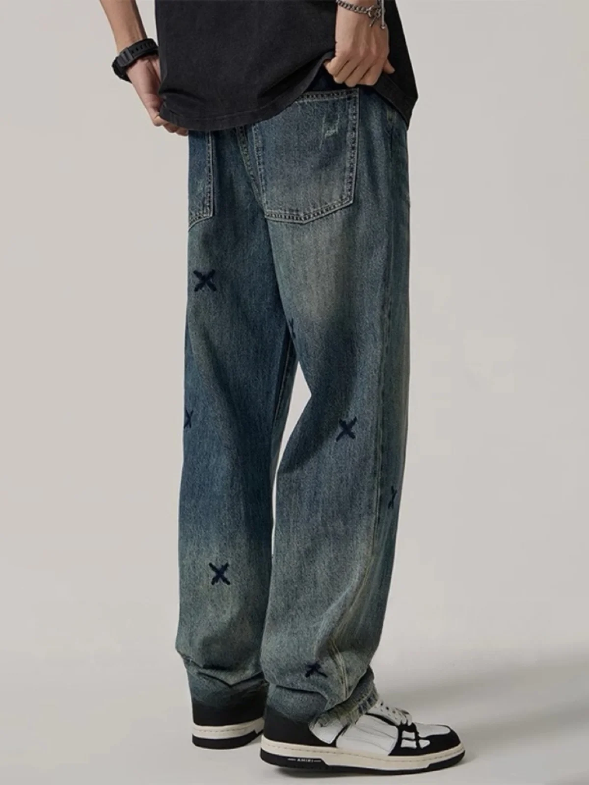 

Американские джинсы с вышивкой High Street, мужские весенне-осенние новые повседневные свободные прямые джинсы, модные уличные джинсы