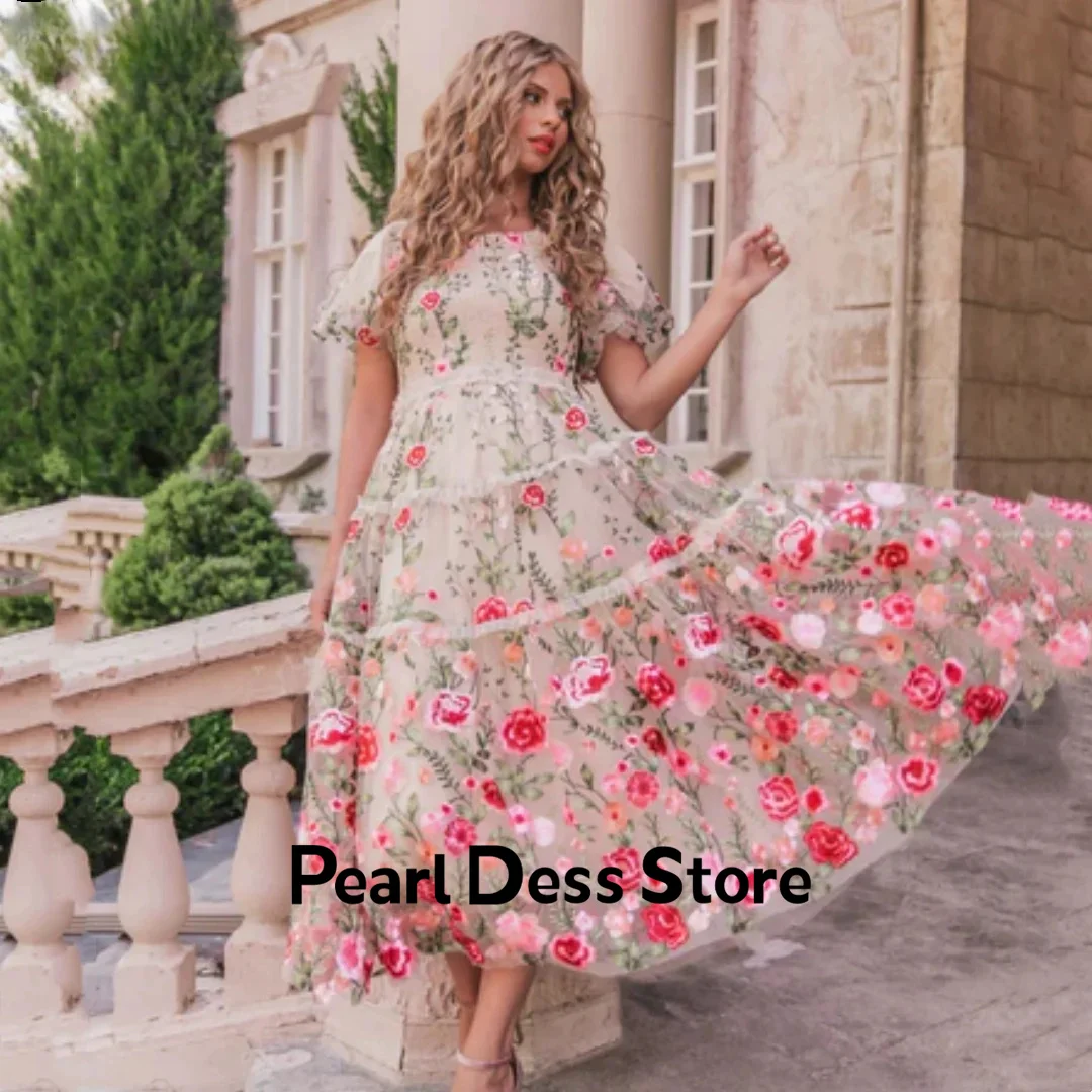 

2024 Flower Embroidery Party Dress Tulle Ball Evening Dress Formal Occasion Dress