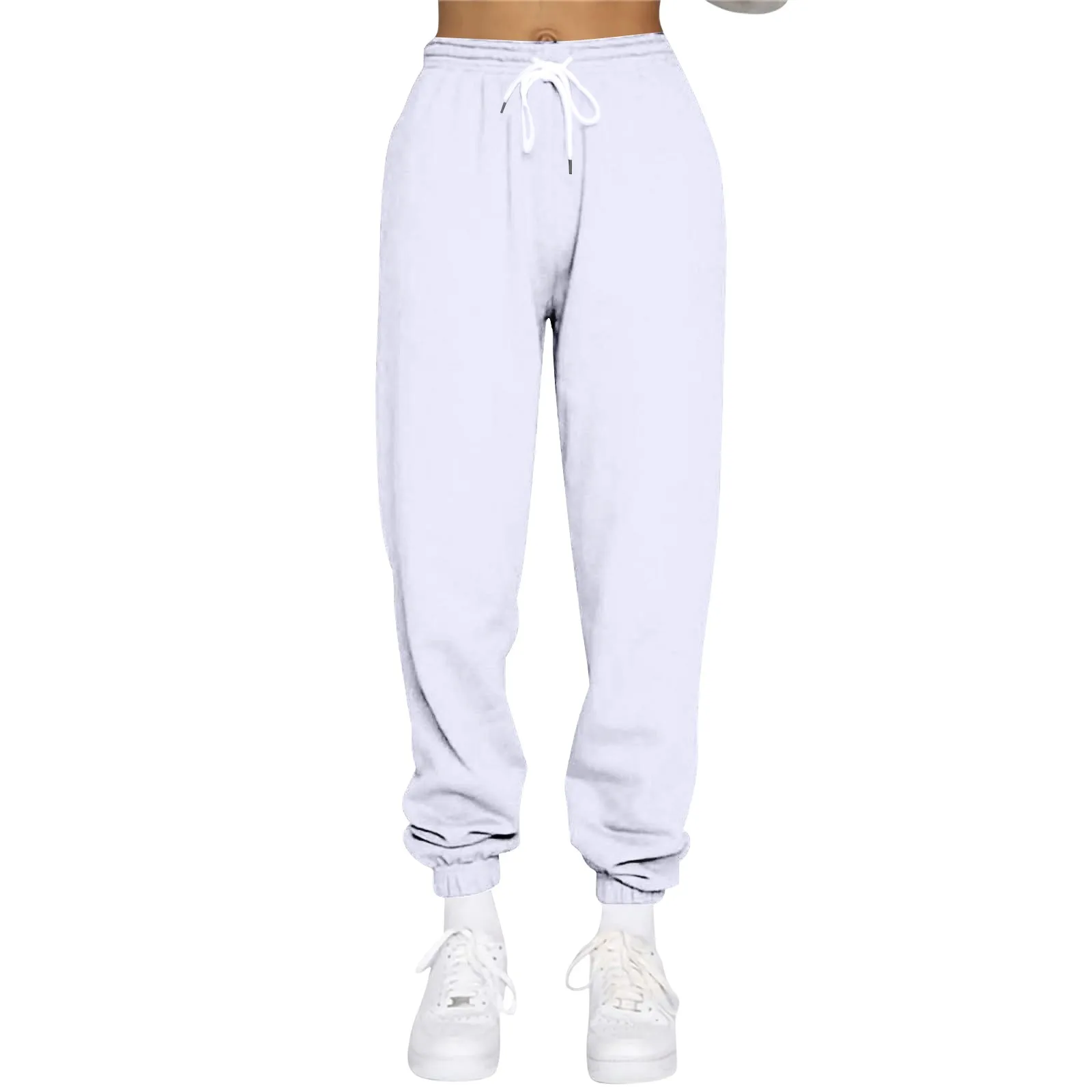 Calça esportiva casual feminina, encaixe solto elegante, monocromático, bolso com cordão