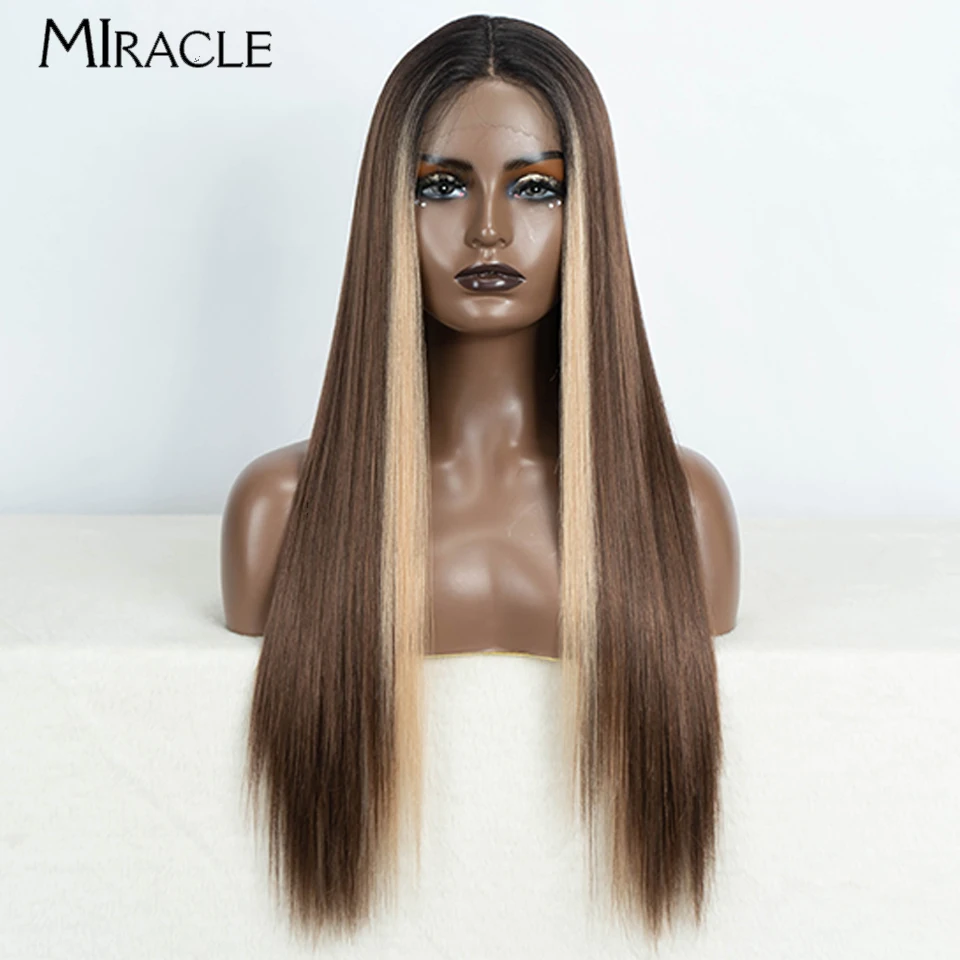 

MIRACLE Synthetic Straight Lace Front Wig Ginger Ombre Blonde Wigs for Women Lace Wigs Highlight Brown Fake Hair Cosplay Wig