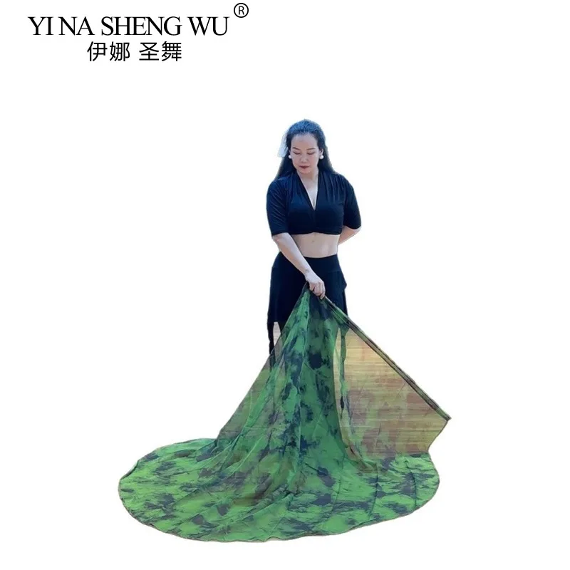 Chiffon Praise Flag 1pc/ 1 Pair 190X140cm Women Flowy Tie Dye Veil Stage Performance Show Props Black Green Floral Worship