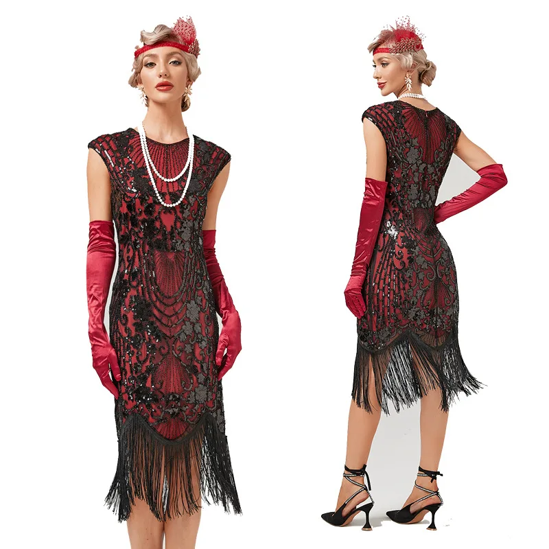 slim fit dress slacks Zapaka Women Black 1920s Flapper Dress V Neck Long Sleeves Vintage Dress with Fringes, Dark Green / M main image 0