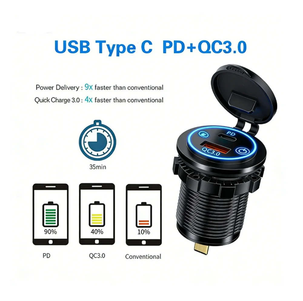 Car Phone Charger Socket PD3.0 & QC3.0 Double Ports Type C+USB Waterproof with LED Touch Switch 48W Fast Charging 12V/24V