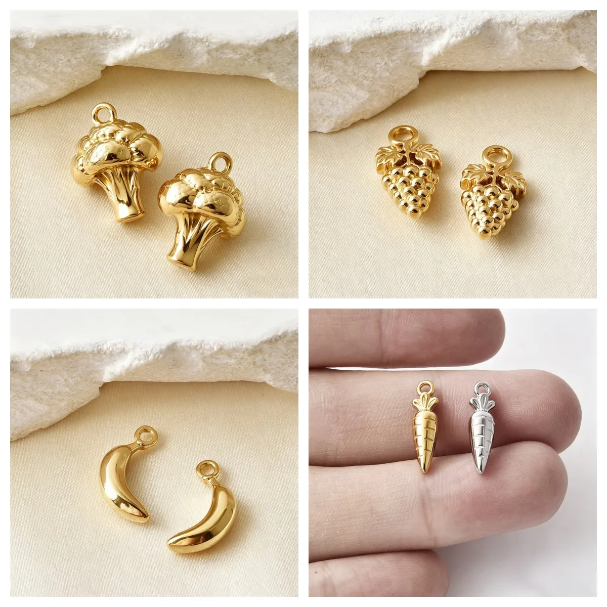 5 Stück Obst- und Gemüse-Anhänger (Karotte, Erdbeere, Mais) 3D Charms 18K vergoldet 304 Edelstahl Anhänger DIY Halskettenherstellung Großhandel