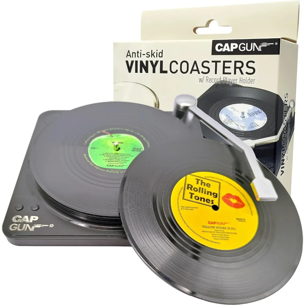 

6PC Vinyl Record Coasters - Unique Music Themed Drink Pads, Funny Housewarming Gifts For Men & Women, Absorbent Bar & Table Prot