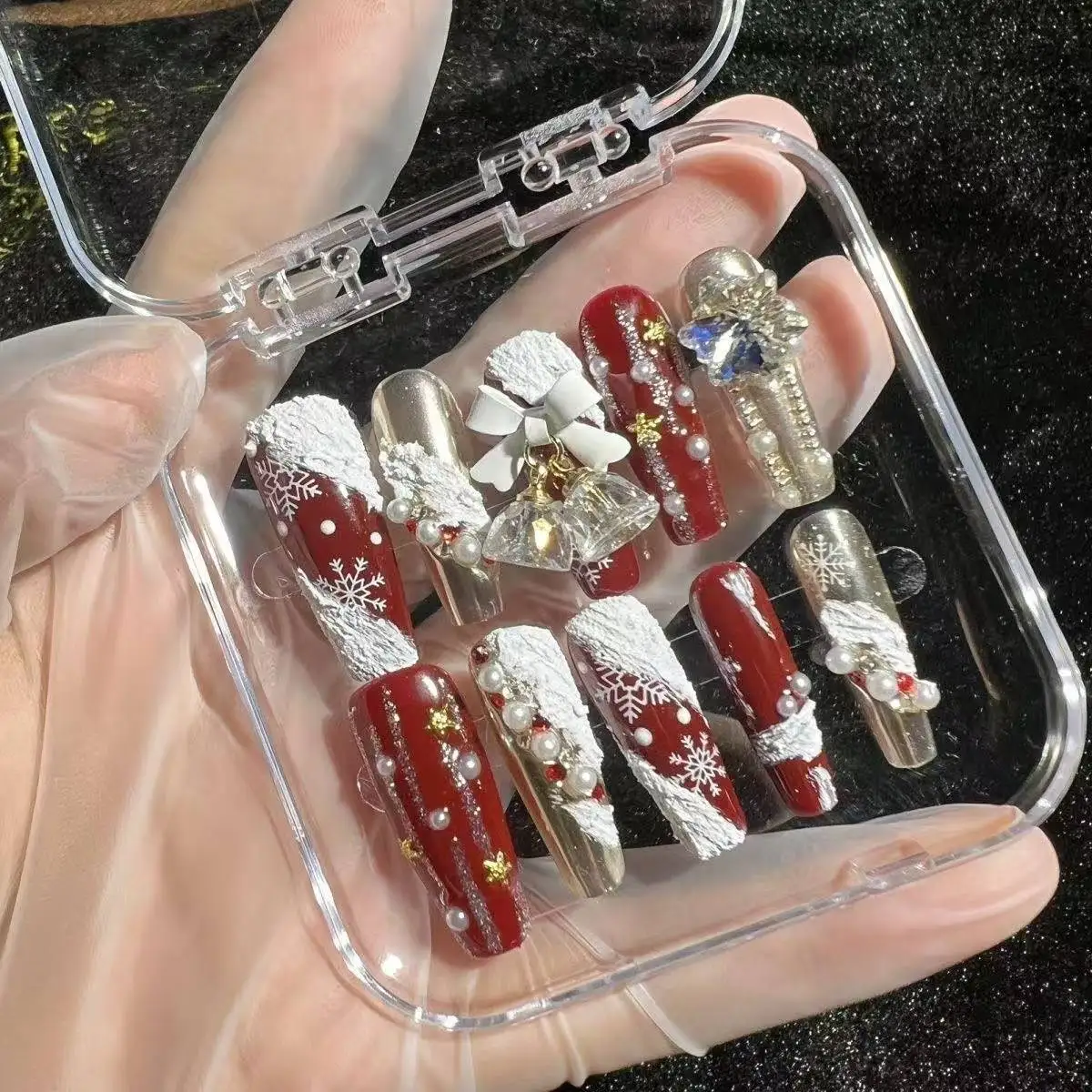 

Handmade Christmas False Nails Luxurious Pearl Bell Long Ballerina Fake Nails 2025 New Year Press on Nails For Girls and Women