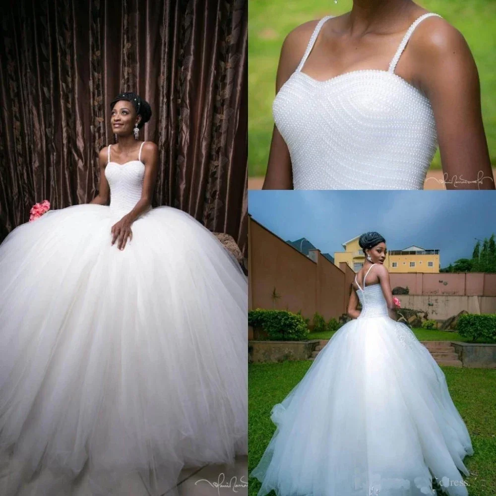 Customized Princess Ball Gown Wedding Dresses Full Hand Beading Bodice Spaghetti Straps Backless South African Bridal Gowns