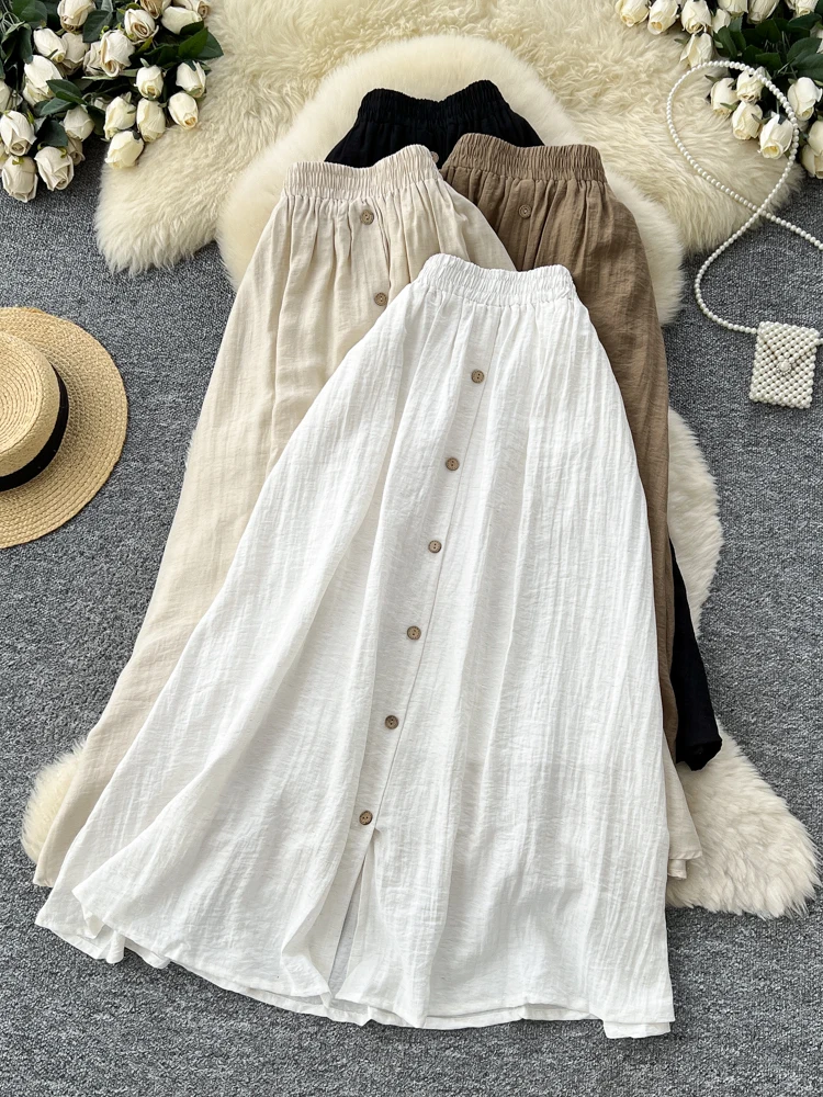 

Ele High Waist A-Line Cotton Linen f Skirt Women's Elastic Waist Commute Slimming Button Splice Midi Skirt