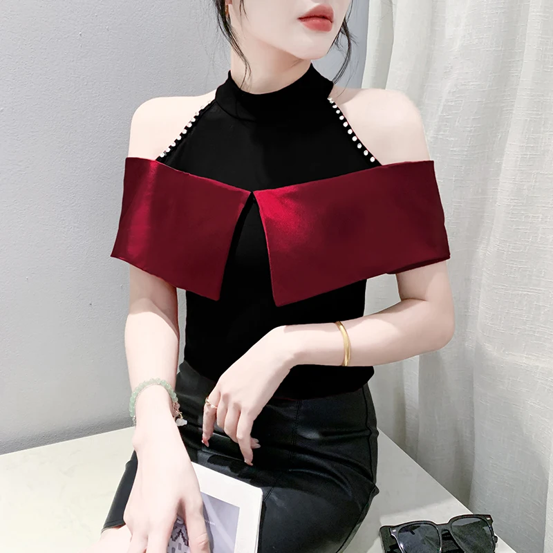 MadBlack-Women European T-Shirt, Sexy O Neck Diamond Ruffles,Streetwear Short Sleeve Off Shoulder Slim Tee, 2025 Summer T53423CC