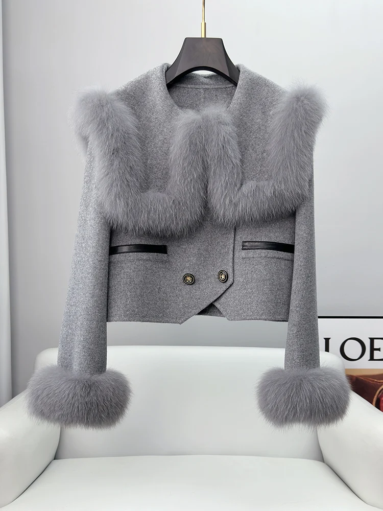 2023 New Sailor Collar Short High Waist Fox Fur Double-Faced Woolen Goods Wool Overcoat Sweet Princess Fashionable Slimming