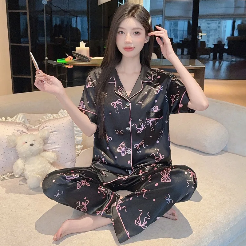 

Light Luxury Butterfly Jacquard Ice Silk Satin Pajamas Summer Women's Short Sleeve Long Pants Ins-Style Sweet Homewear Set